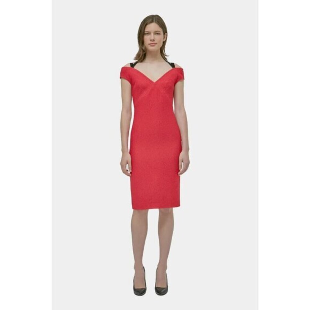 Yigal Azrouel Red Stretch Weave Midi Dress V Neck Velvet Straps 8 NWT